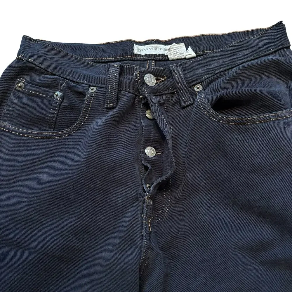 Vintage Banana Republic Black Straight Jeans Contrast Stitch Button Fly 29x32